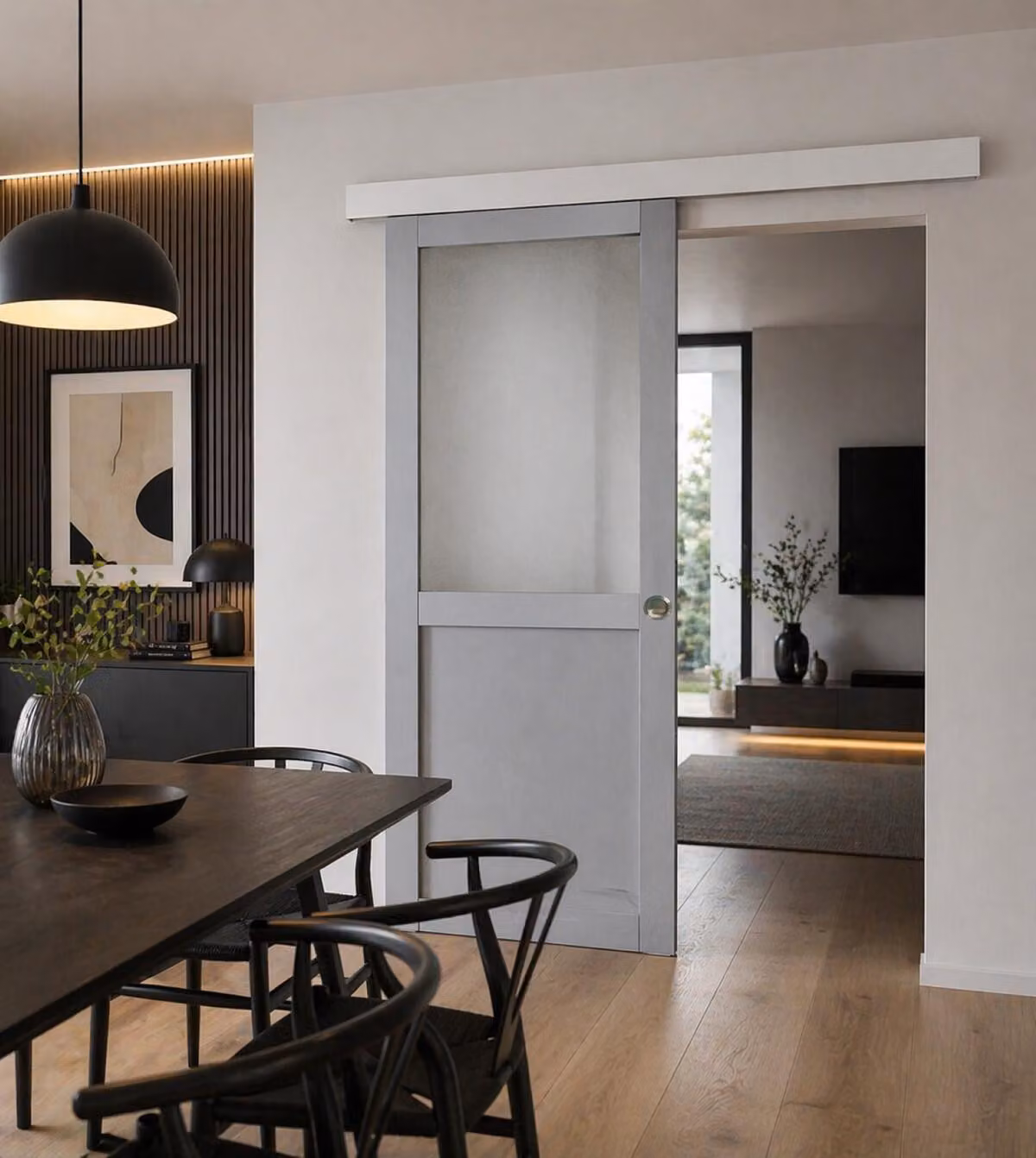 Porta scorrevole Athena grigia chiara con vetro H204 x L73 cm, binario in alluminio con fascia bianca, conchiglie GD MENUISERIES