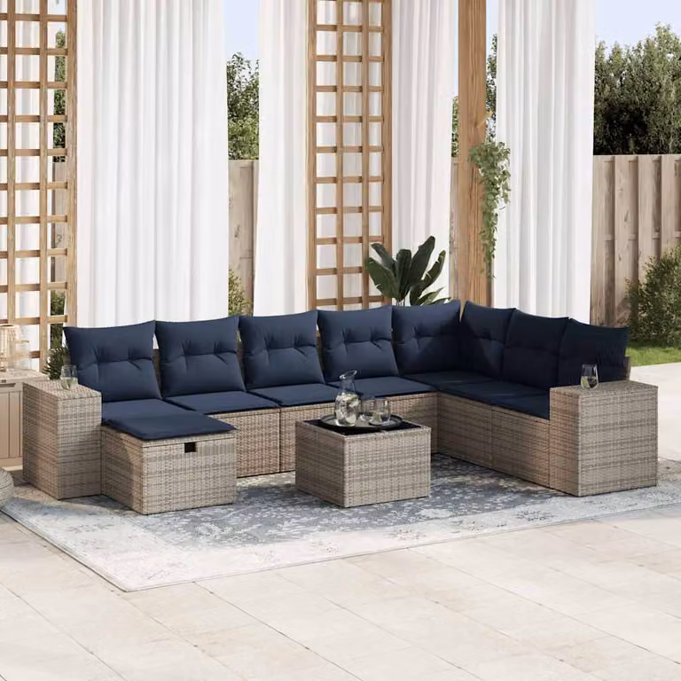 Set Divano da Giardino vidaXL 9 pz a Forma a L con Cuscini Grigio e Blu in Polyrattan e Acciaio