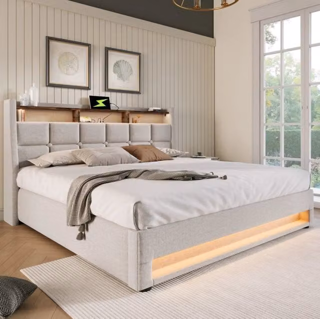 Letto matrimoniale 140x200 cm in lino beige con USB, LED e contenitore, senza materasso