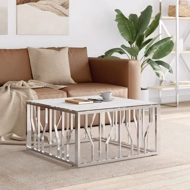 Tavolino da salotto moderno vidaXL in vetro e metallo argento e bianco L/P/H: 80 x 80 x 40 cm – 1