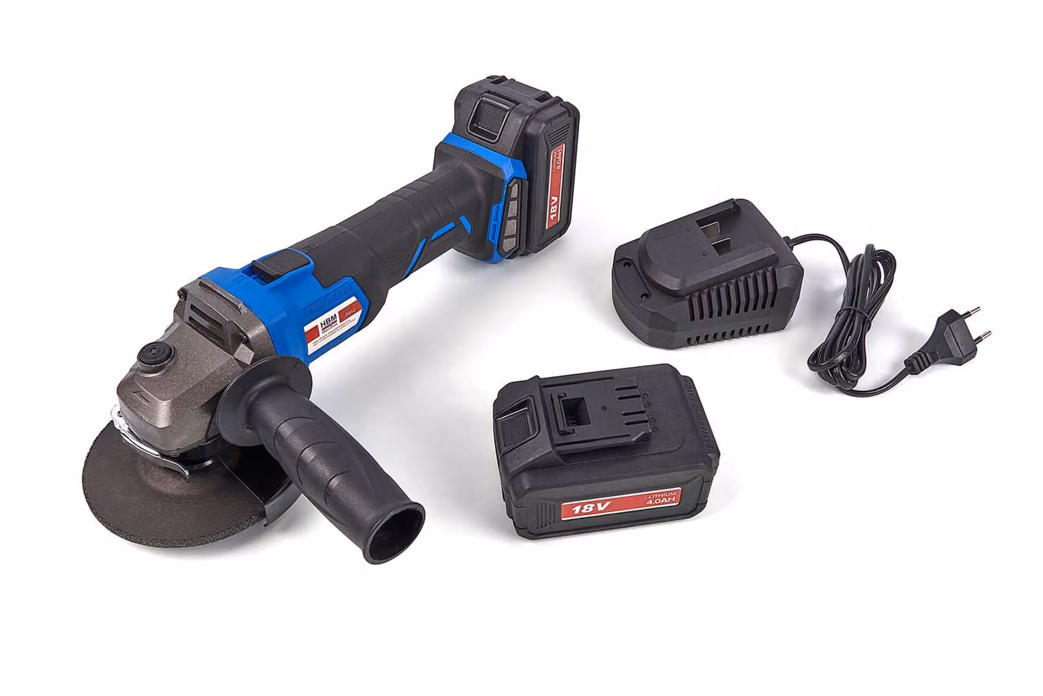 Smerigliatrice angolare da 48 Volt con diametro del disco da 125 mm, dotata di 2 batterie agli ioni di litio da 2,0 Ah