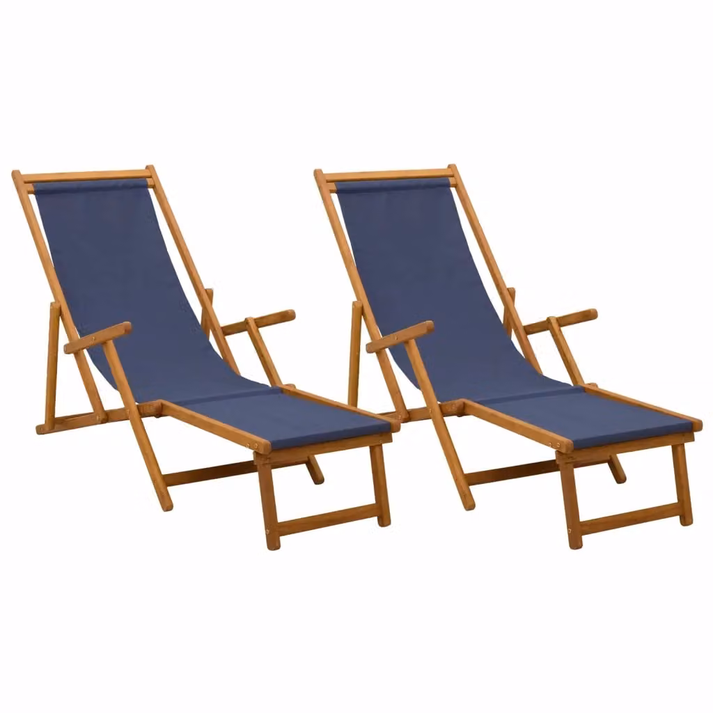 Set di 2 lettini prendisole pieghevoli vidaXL in legno con tessuto blu resistente ai raggi UV e poggiatesta regolabile – 2
