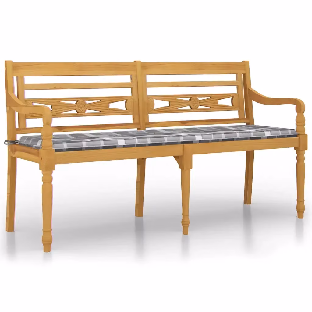 Panchina Batavia vidaXL in legno di teak massello con cuscini grigi per giardino L: 150 cm – 2