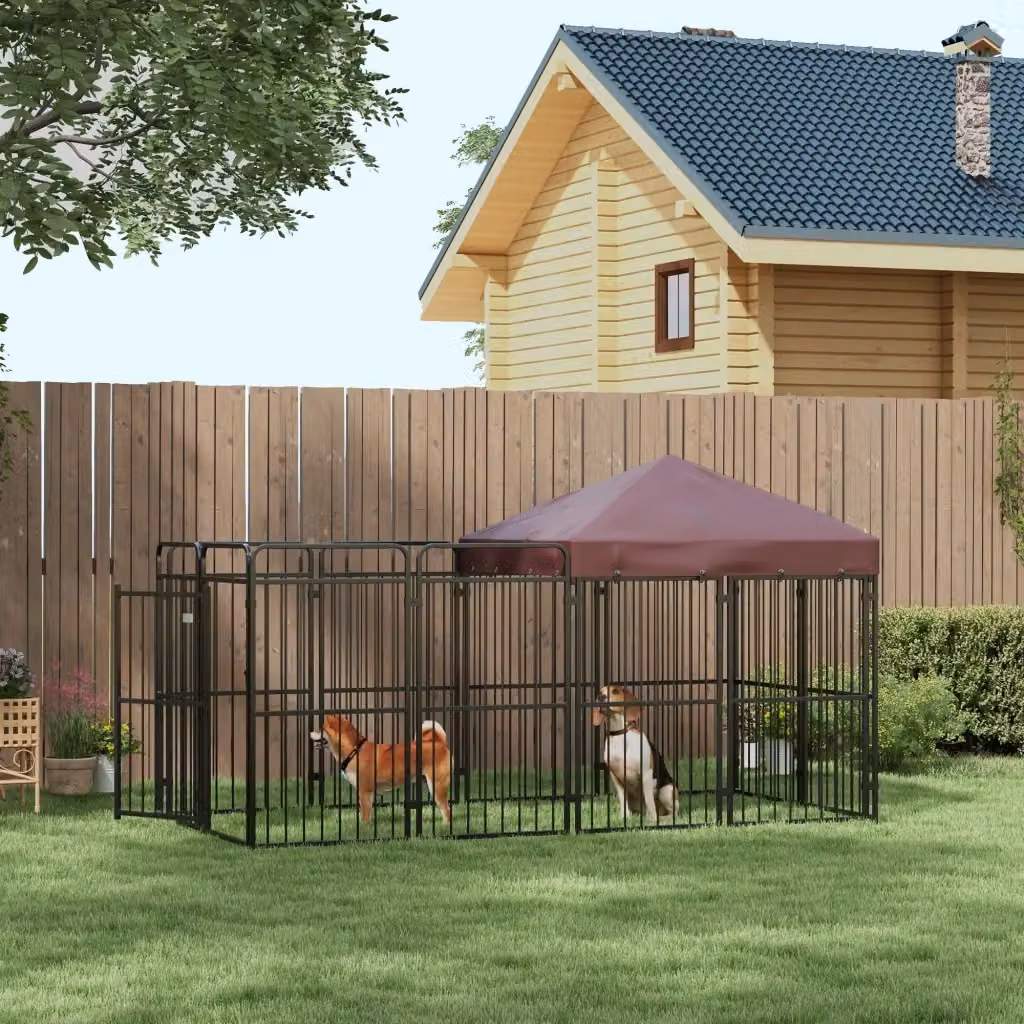 Recinto per cani da esterno GIORDANOSHOP in metallo marrone con tetto resistente alle intemperie L: 282 cm, P: 121 cm, H: 159 cm – 2