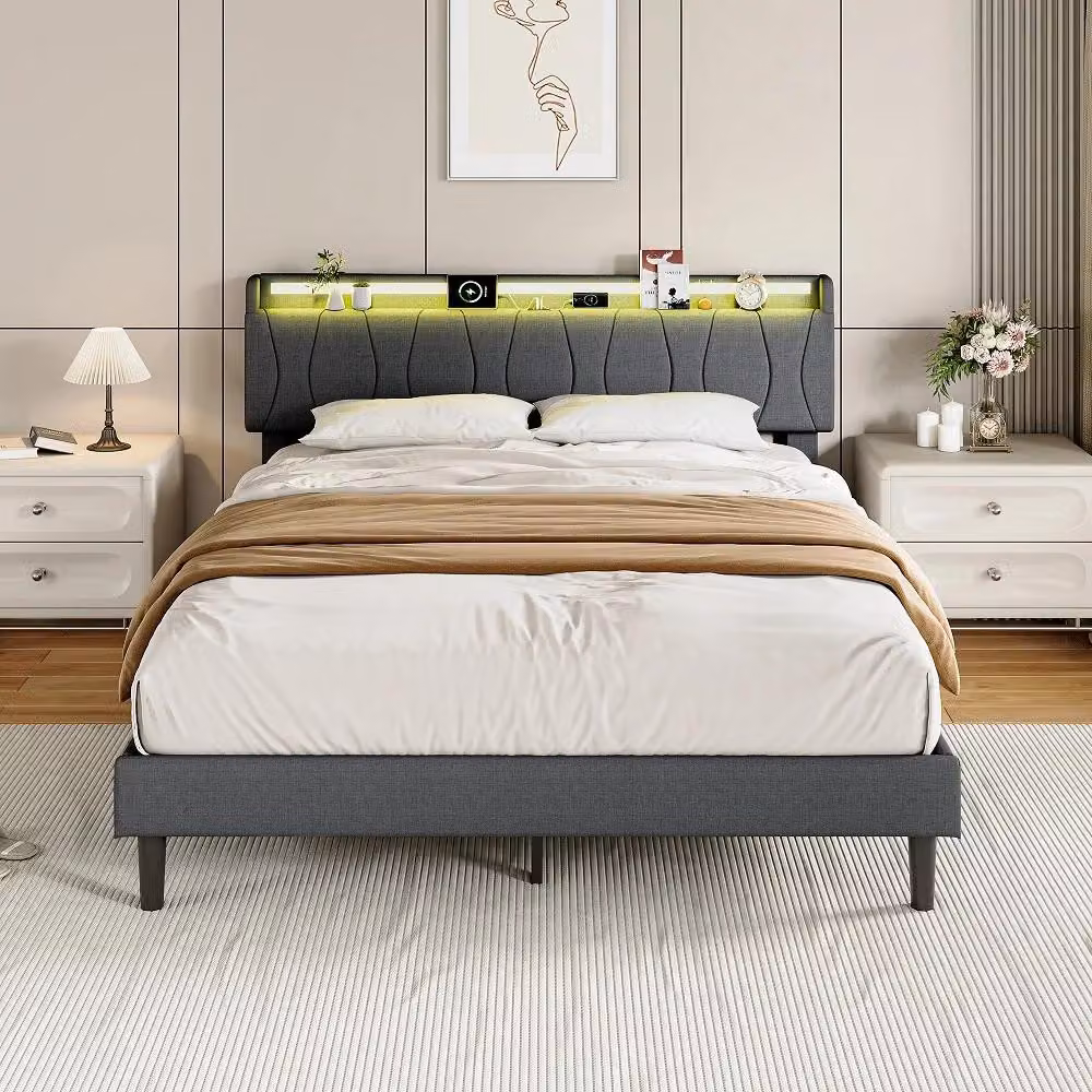 Letto matrimoniale imbottito con testiera - 160 x 200 cm - Struttura in legno - Grigio - Da montare