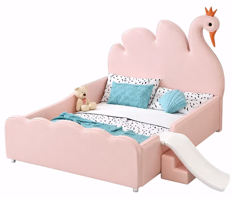 Letto per bambini Rosa, modello "Cigno", multifunzionale, con sponde laterali