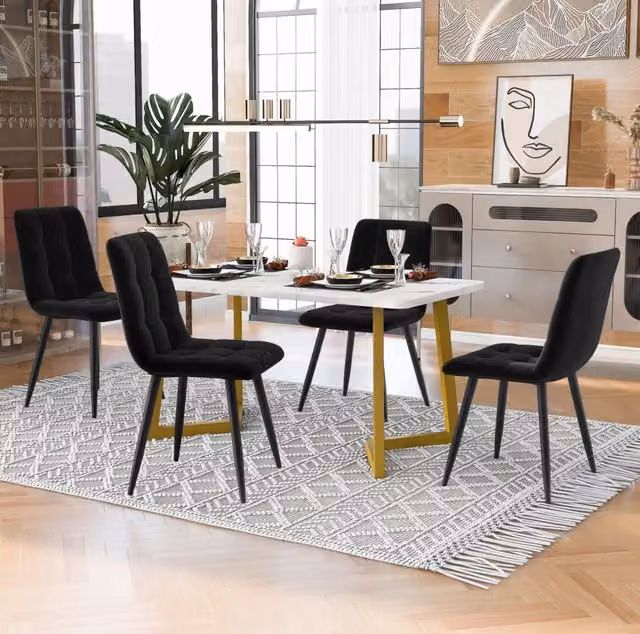 Set Tavolo da Pranzo Rettangolare 117 cm con 4 Sedie in Velluto Nero e Gambe Dorate