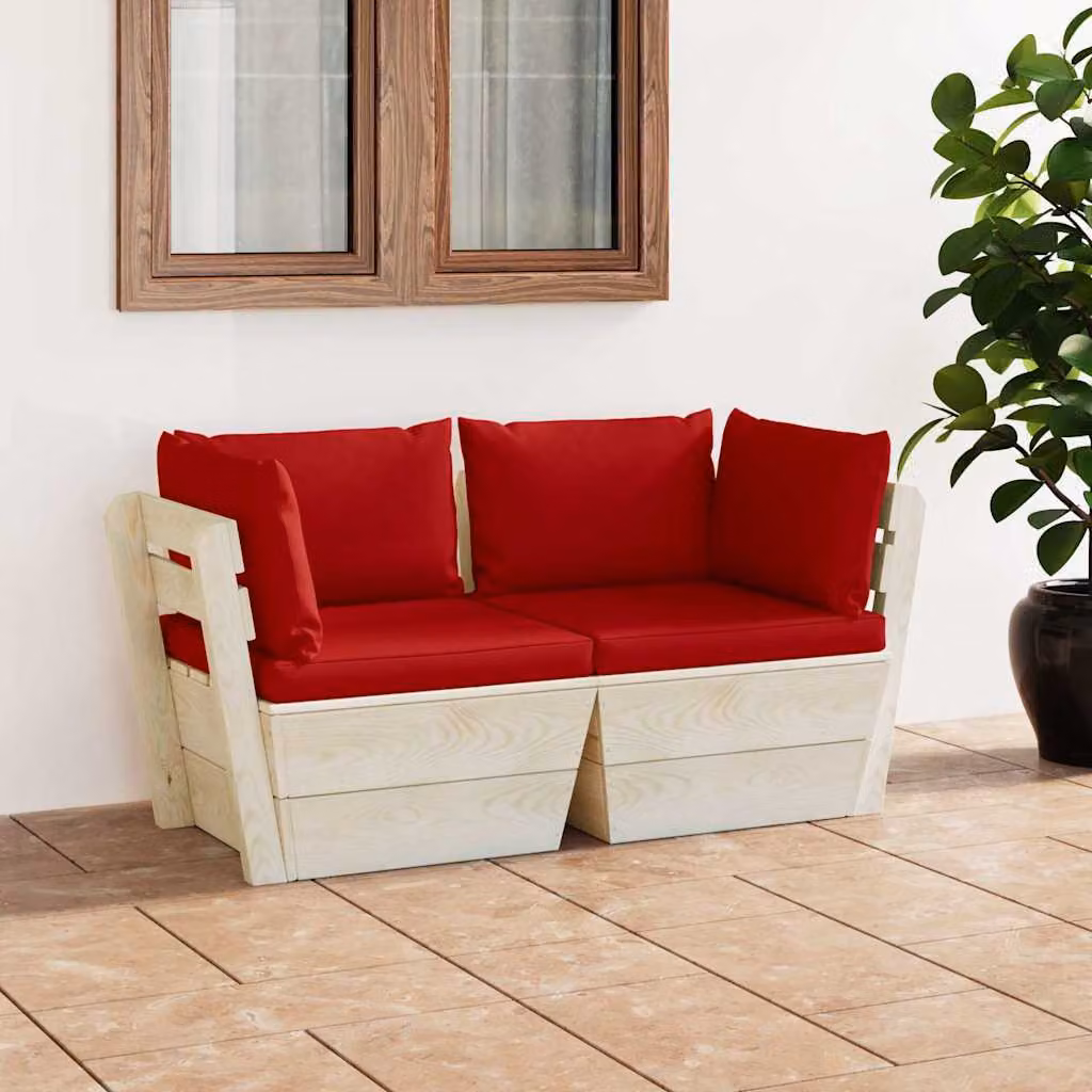 vidaXL Divano da Giardino a 2 Posti a Forma di L in Legno di Pino Trattato con Cuscini Imbottiti Marroni e Rossi – 1