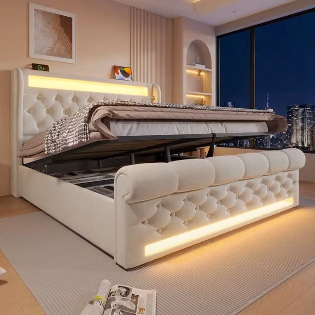 Letto matrimoniale imbottito 160x200 cm con contenitore idraulico LED in velluto beige