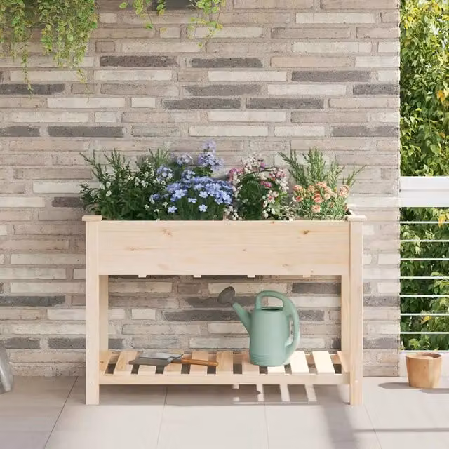 Fioriera da giardino con mensola vidaXL in legno di abete, colore beige, L: 115 cm, P: 59 cm, H: 76,5 cm