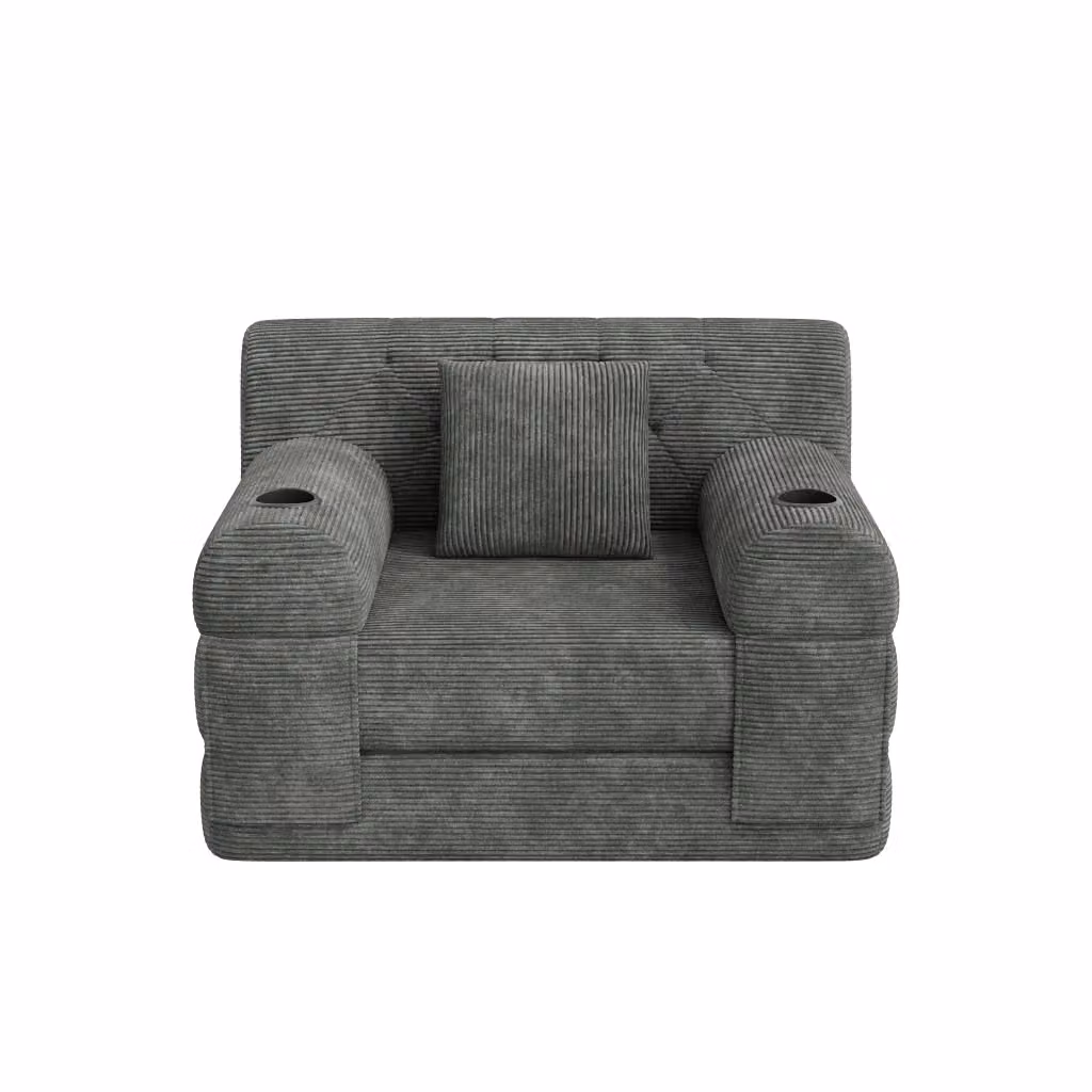 Divano letto singolo Chicfurn in velluto a coste grigio con schienale alto, 2 portabicchieri e 4 tasche laterali L: 81 cm, P: 80 cm, H: 107 cm – 2