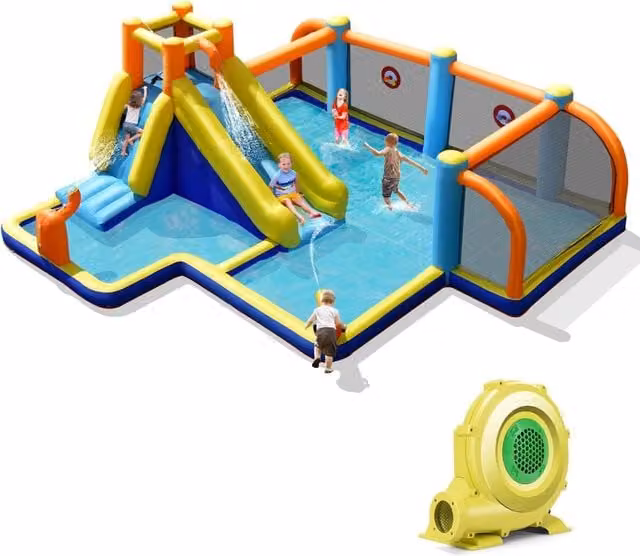 Castello Gonfiabile per bambini, Casa Gonfiabile con Scivolo, Piscina, con Borsa di Trasporto, Soffiatore e Kit di Riparazione, per 5 Bambini di 3-12 Anni, 465 x 500 x 200 cm