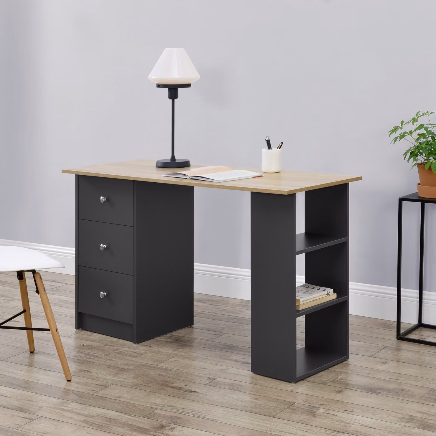 Scrivania 120x50x72cm per ufficio con cassetti grigio scuro/legno ripiano tavolo PC [en.casa]