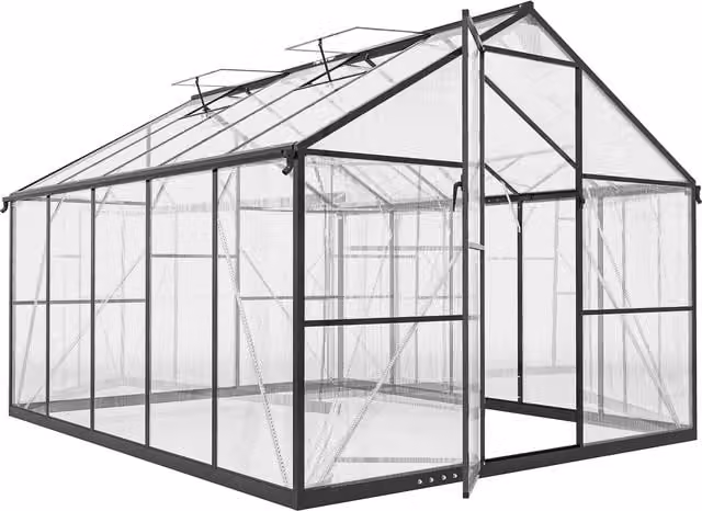 Outsunny Serra per Orto in PC e Alluminio con Porta a Battente e 2 Finestre Regolabili, 304x247x205 cm, Nero   Aosom Italy