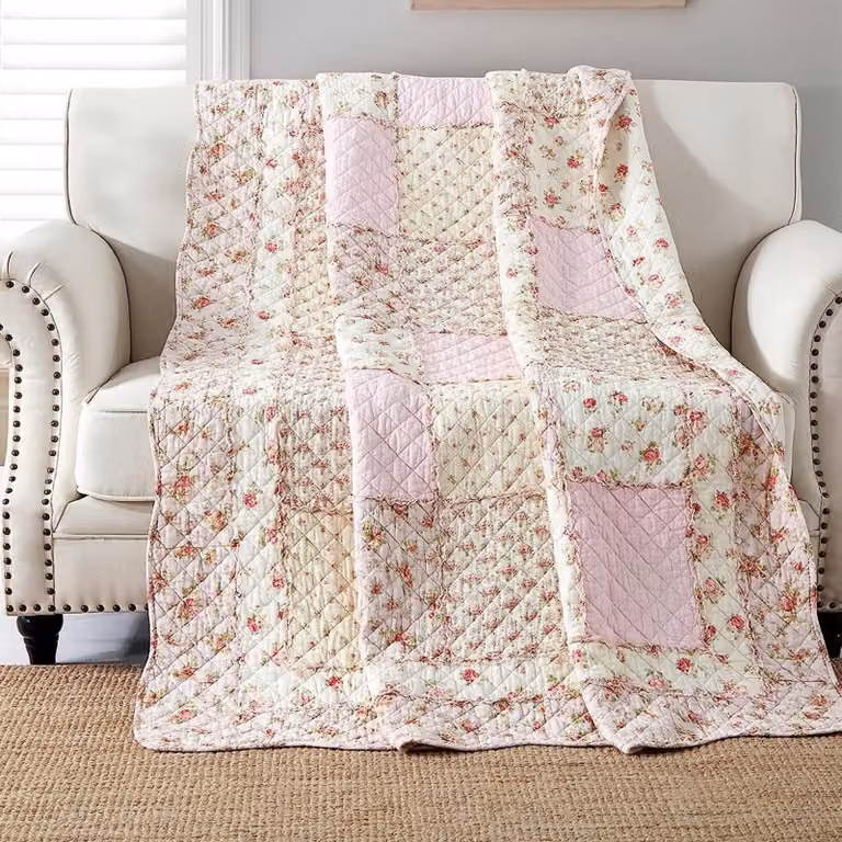 Coperta trapuntata per letto, realizzata in 100% cotone, con motivo floreale