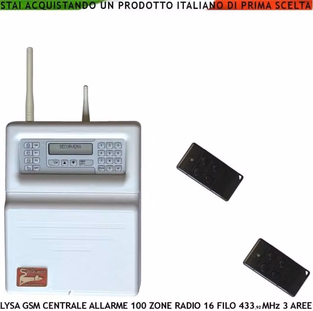 Sistema di allarme Securvera Lysa GSM con centrale radio e filo, 100 zone radio 433,92 MHz, 16 zone filo, 3 aree, 2 radiocomandi bidirezionali a 4 canali, gestione tramite App Android, colore bianco