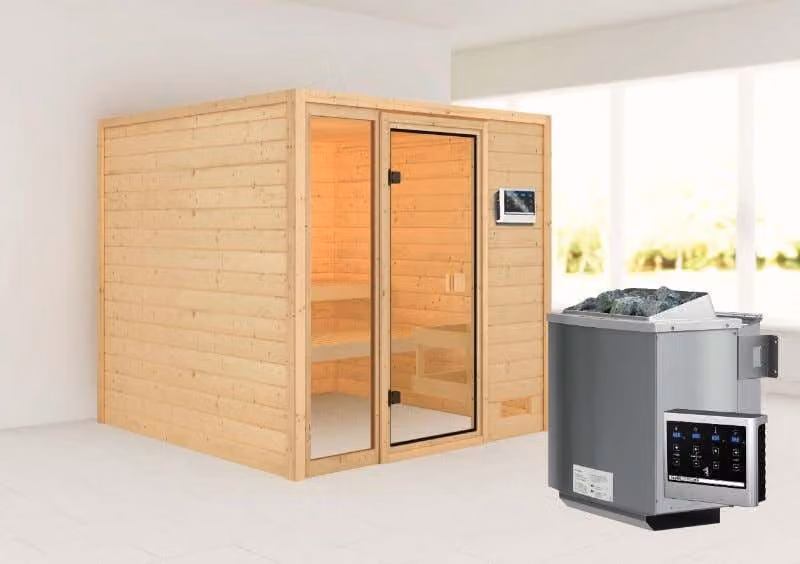 Sauna Woodfeeling Jutta (ingresso frontale), porta interamente in vetro, colore bronzo, riscaldatore 9 kW centralina integrata