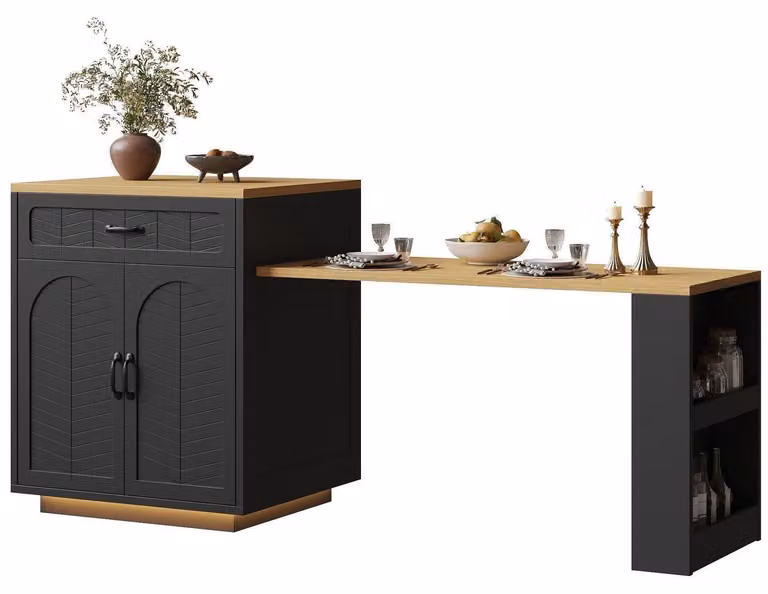 Isola da cucina con piano estendibile, 2 cassetti, 4 ante, colore nero e legno