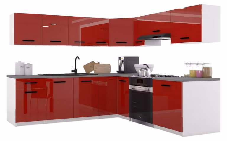 Belini - Angolo cottura moderno ITALIA 7 - Mobili da cucina 420 cm, rosso - Cucina componibile con pensili, mobili base e piani di lavoro
