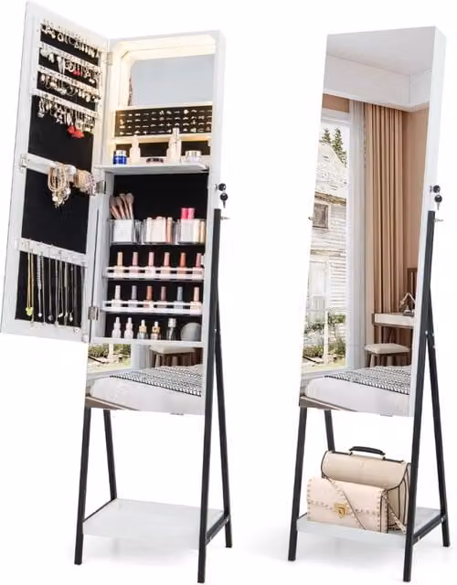 Armadio portagioie Design Mania con specchio lungo e luci LED a 3 colori, Bianco, H: 166 cm, L: 41 cm, P: 35 cm – 1