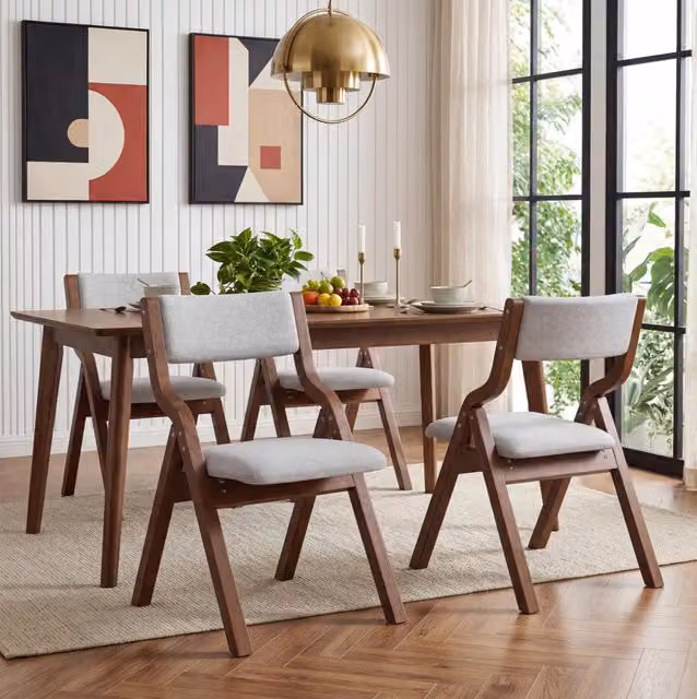 Set di 2 sedie pieghevoli in legno massiccio con rivestimento in lino grigio, comode e salvaspazio per sala da pranzo e soggiorno