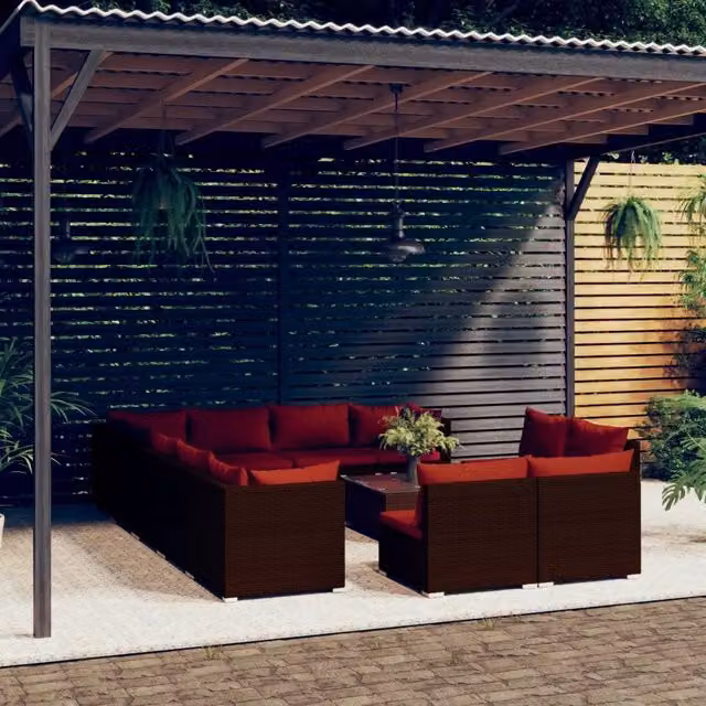 Set di divani da giardino vidaXL a forma di U con cuscini e tavolino da caffè, struttura in metallo e rattan marrone – 1