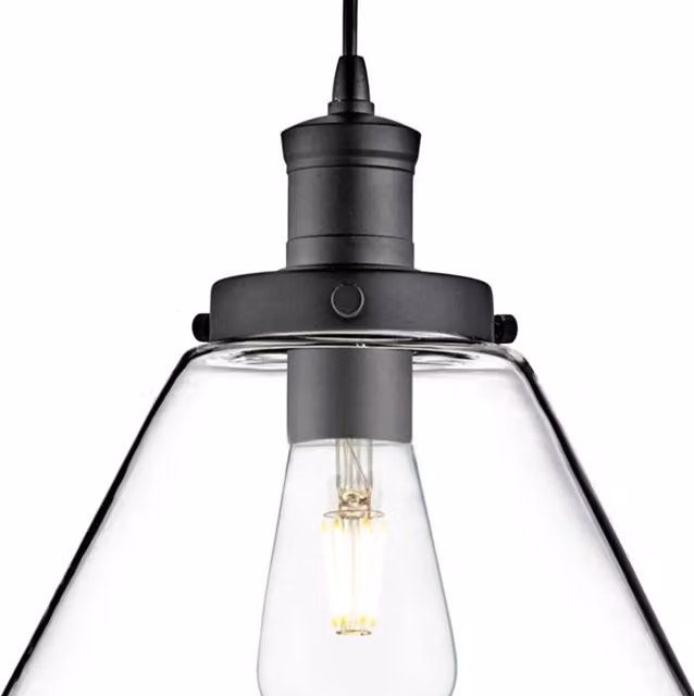 Lampada a sospensione industriale SEARCHLIGHT in metallo nero e vetro trasparente con altezza regolabile per cucina e sala da pranzo, attacco E27