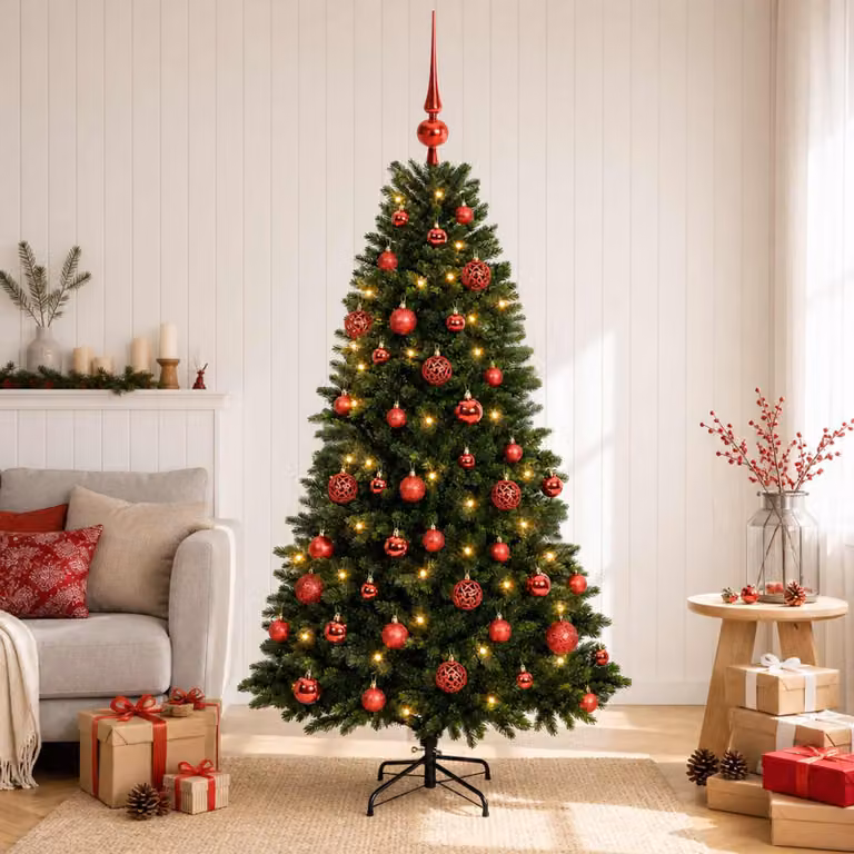 Albero di Natale artificiale verde vidaXL con 150 LED luce bianca calda e decorazioni, Altezza: 150 cm
