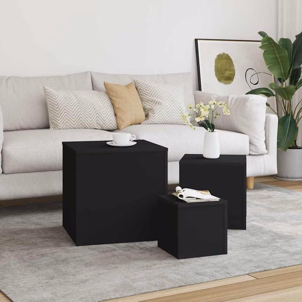 Set di 3 tavolini nidi vidaXL in legno e MDF nero opaco per soggiorno o camera da letto