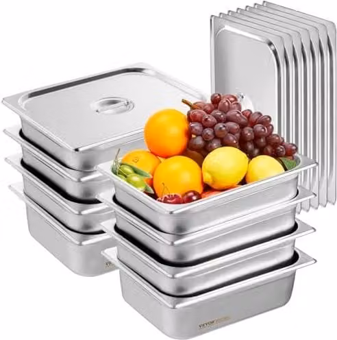 Set di contenitori per alimenti VEVOR in acciaio inox con coperchio, colore argento, L: 32,6 cm, P: 32,6 cm, H: 10,2 cm