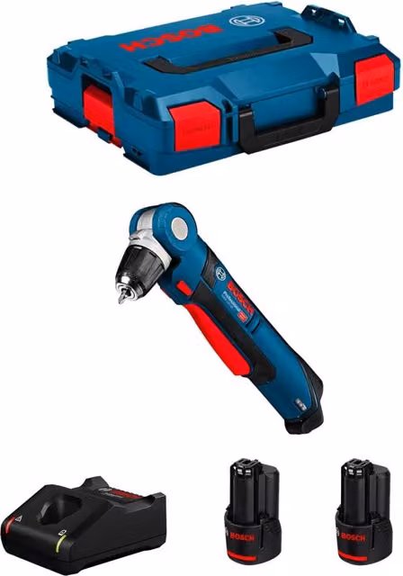 Trapano ad angolo Bosch GWB 12V-10 blu con 2 batterie da 2,0 Ah, caricabatterie GAL12V-40 e custodia L-Boxx 102 – 1