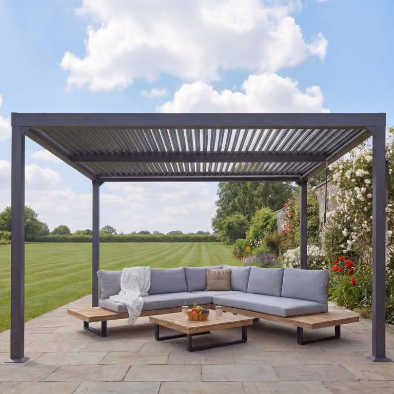 Pergola in alluminio HWC-L41, copertura per patio a padiglione a doghe, robusta struttura metallica da 8 cm 3x3,7 m ~ antracite
