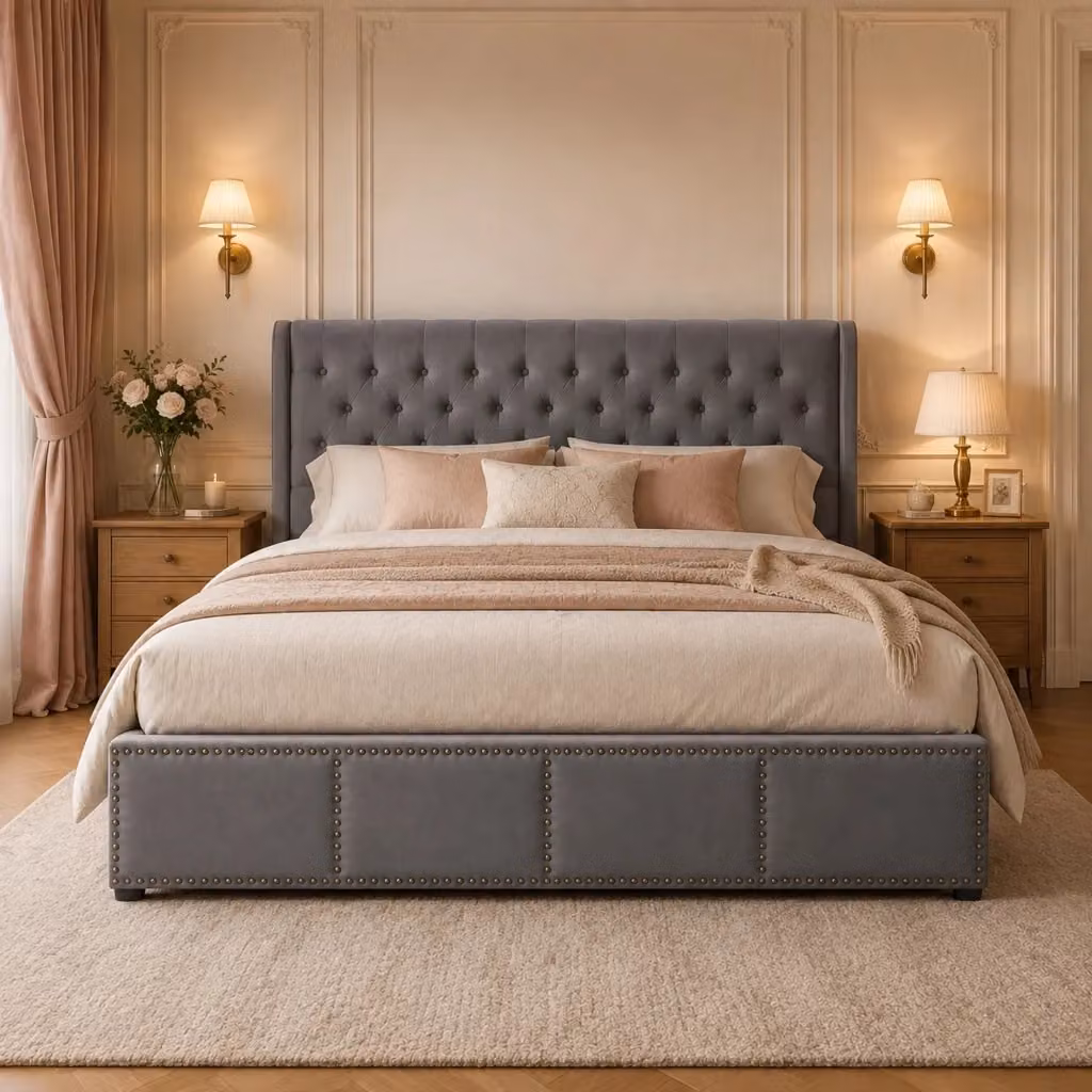 Letto Contenitore REDOM in Velluto Grigio con Base Lift Up L: 140 cm, P: 200 cm – 2