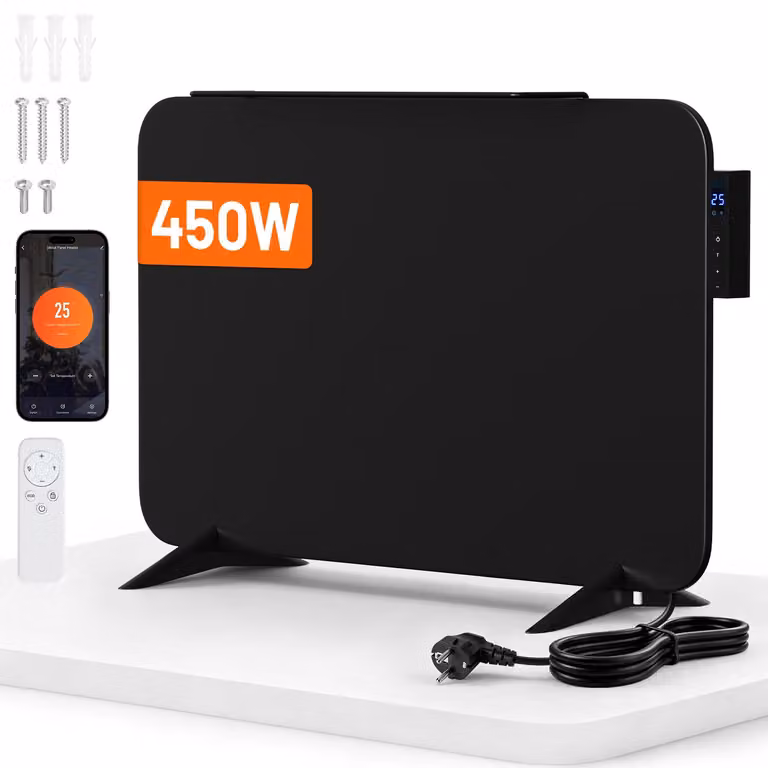 Ikodm - Pannello radiante a infrarossi da 450W, colore nero, per riscaldamento a parete, con controllo tramite app Wi-Fi e telecomando, ideale per il bagno