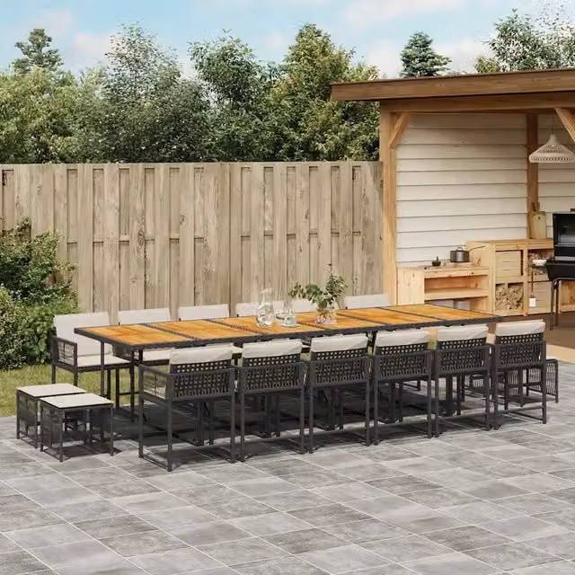 Set da pranzo da giardino vidaXL in polyrattan nero con cuscini e tavolo in legno di acacia, 17 pezzi – 1