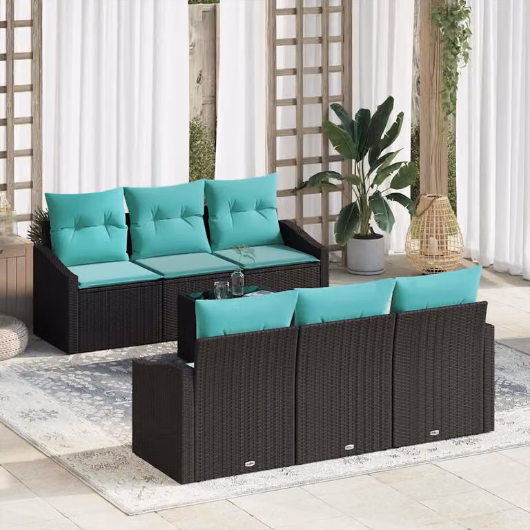 Set di divani da giardino vidaXL in polyrattan nero e turchese con tavolo da caffè e cuscini inclusi