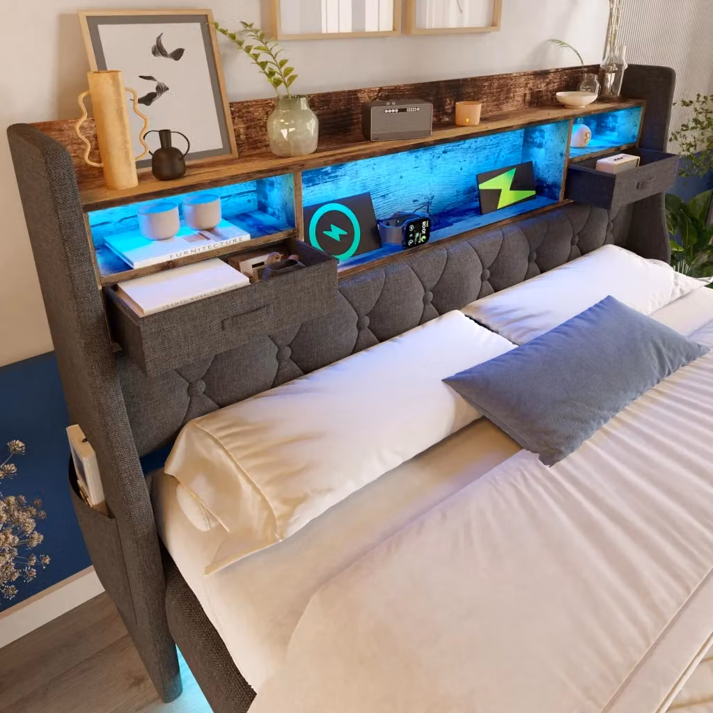 Letto imbottito Mivray in lino grigio con illuminazione LED, ricarica USB e Type-C e vani contenitore, L/P: 140 x 200 cm – 2