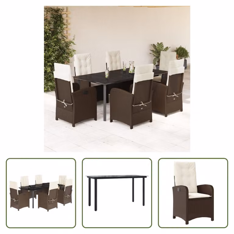 The Living Store Set da pranzo da giardino 7 pezzi con cuscini in polirattan marrone