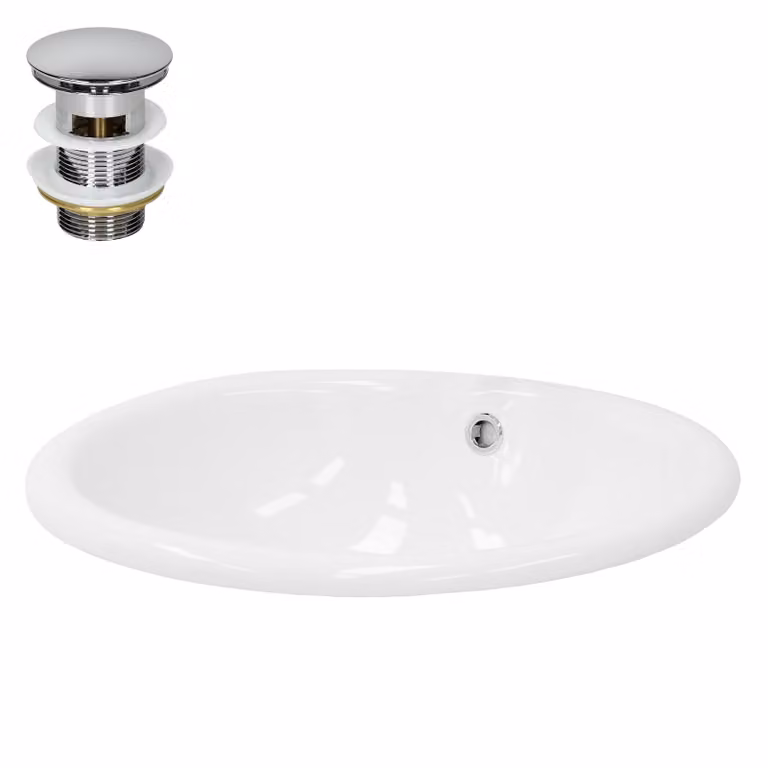 Lavabo LuxeBath Lavabo da appoggio ovale, 49x40,5x19,5 cm, bianco, in Vetroceramica, incl. set di scarico con troppopieno