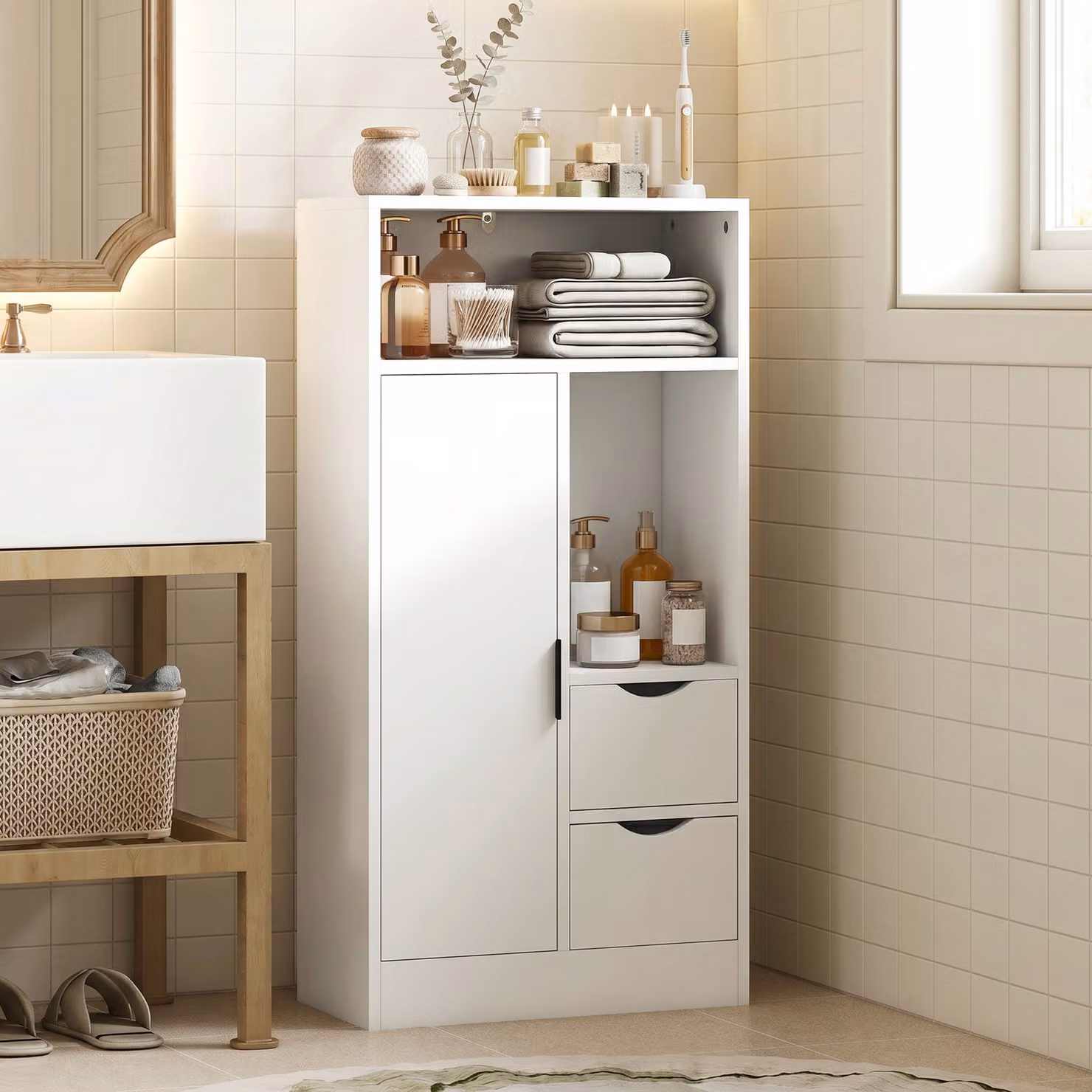 Mobiletto da bagno slim HOMCOM bianco con cassetti e scomparti aperti – 2