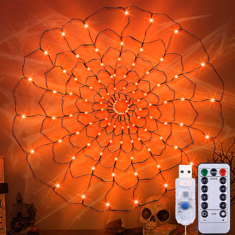 Ghirlanda luminosa a LED a forma di ragnatela per Halloween, diametro 120 cm, alimentazione USB con telecomando, 8 modalità, intensità regolabile e timer, decorazione per interni ed esterni, feste e giardini, colore arancione