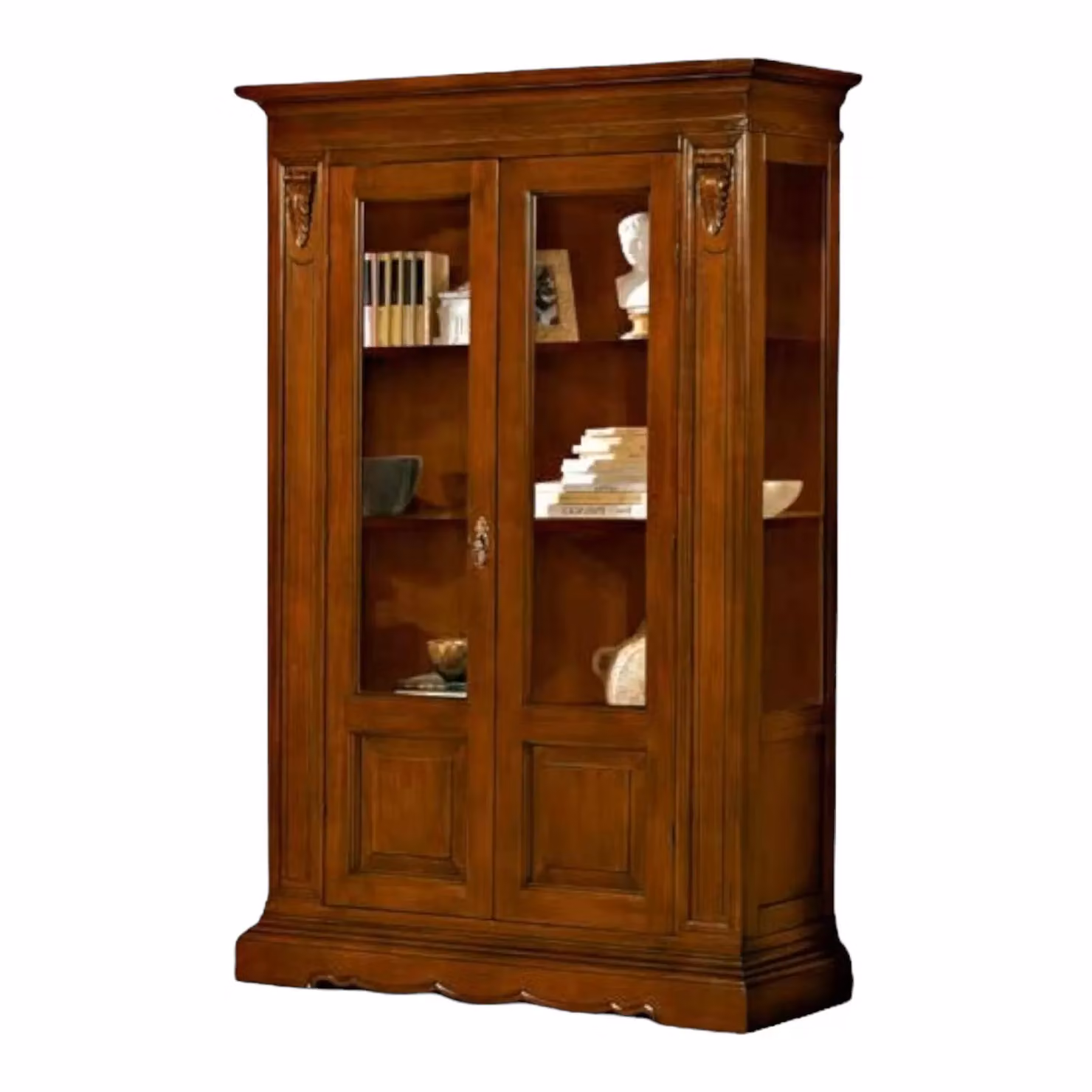 Vetrina stile arte povera Mobili 2G in legno con ante in vetro e serratura, colore noce, L: 146 cm, P: 49 cm, H: 214 cm – 1