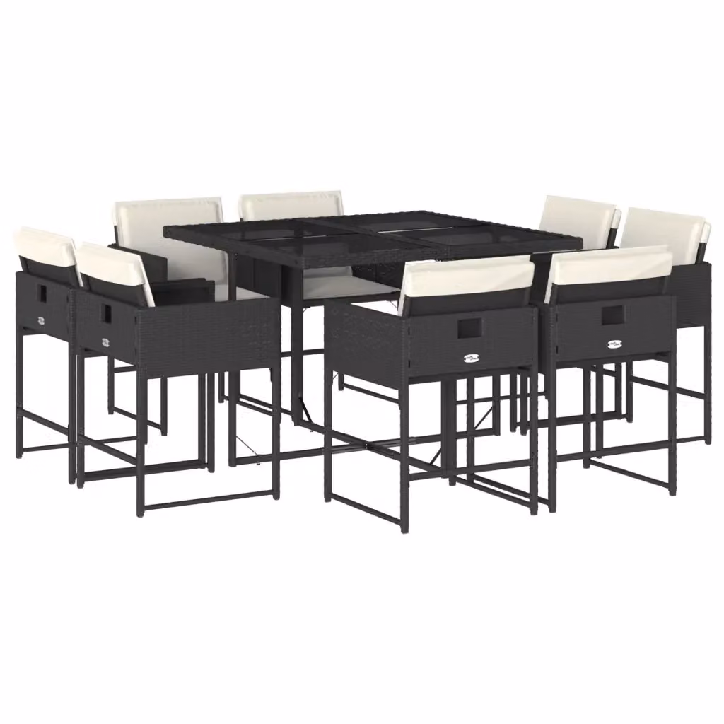 Set da Pranzo da Giardino vidaXL in Polyrattan Nero con Cuscini e Tavolo in Vetro, 9 Pezzi – 2