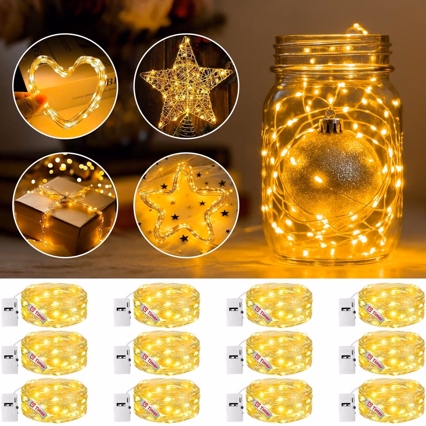 Mini catena luminosa, 12 pezzi, 2 metri, 20 LED, con timer, 3 modalità, luce bianco caldo