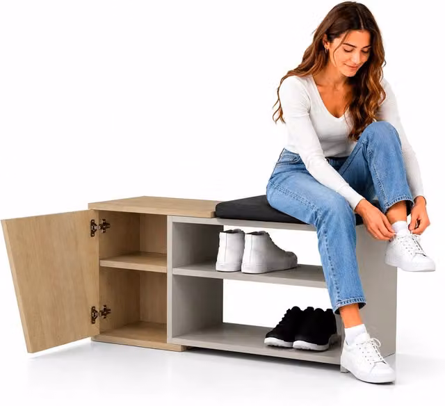 Panca Scarpiera da Ingresso GIORDANOSHOP in MDF Colore Sabbia e Rovere con Cuscino in Tessuto L: 104 cm, P: 37 cm, H: 47 cm