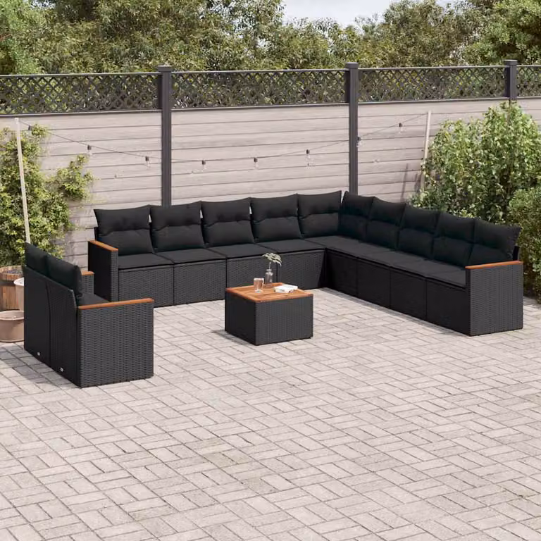 vidaXL Set Divani da Giardino 12 Pezzi con Cuscini e Tavolino Nero in Polyrattan e Acciaio