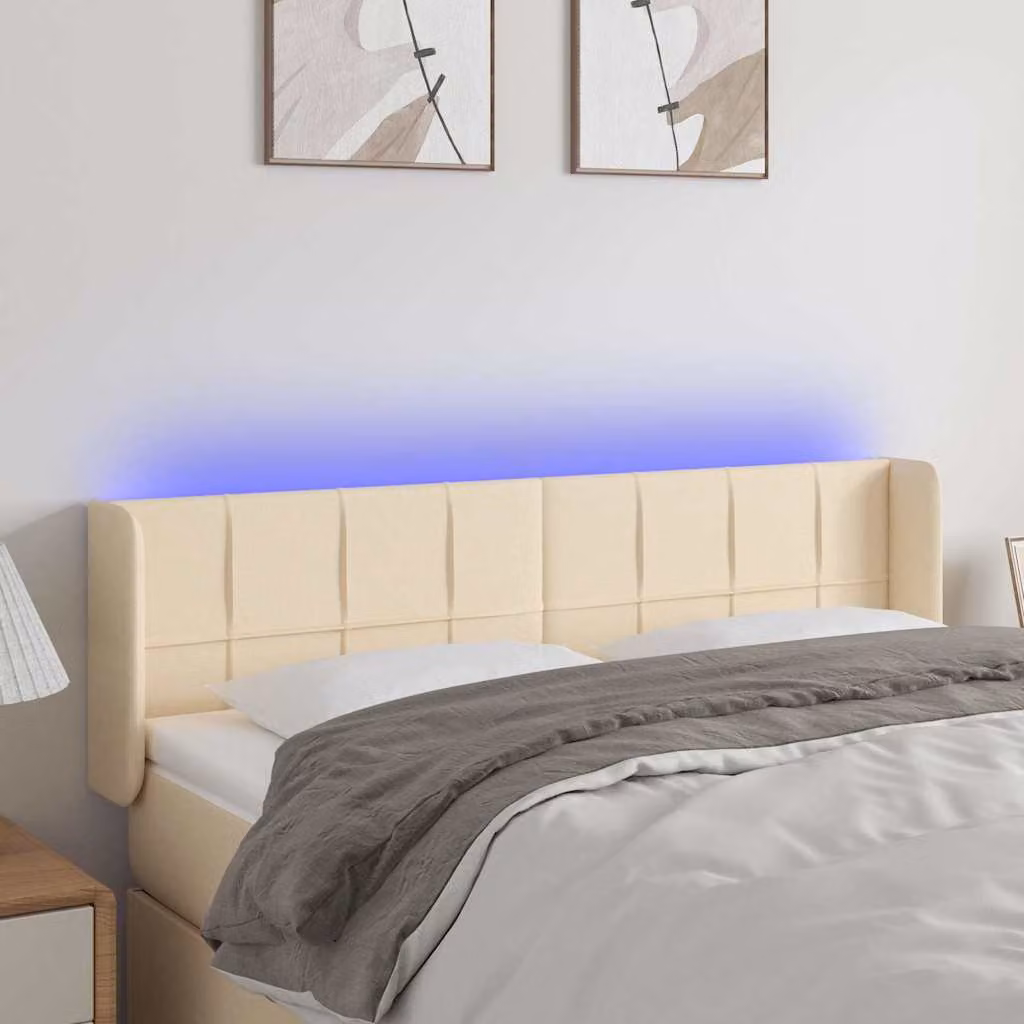 Testiera per letto moderna vidaXL in tessuto beige con illuminazione LED integrata e porta di ricarica USB, L 147 x P 16 x H 78/88 cm
