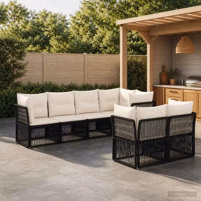 Set Divano da Giardino 7 pz 7-Numero di posti Nero polyrattan 3434281