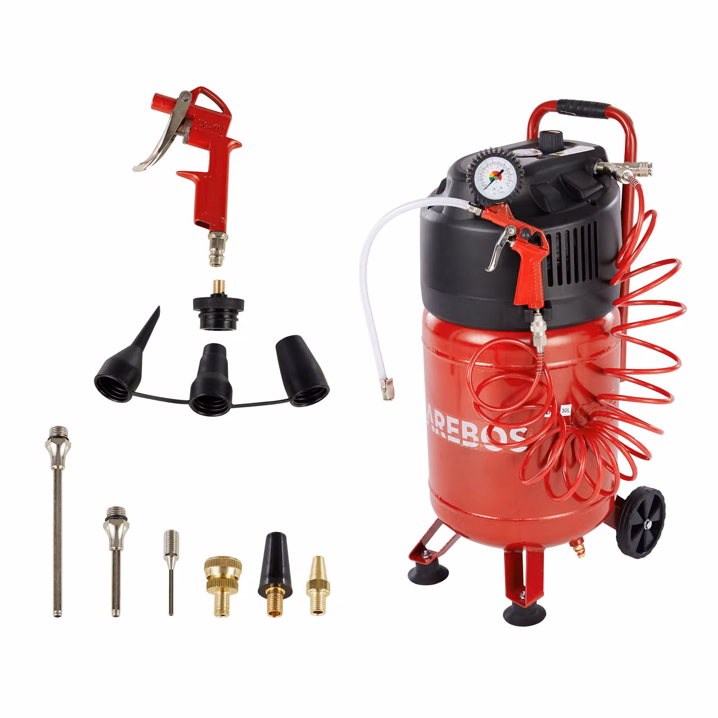 AREBOS 30L compressore d'aria 1500W, compressori, 10 bar, spegnimento automatico, tubo aria extra lungo, verticale, senza olio