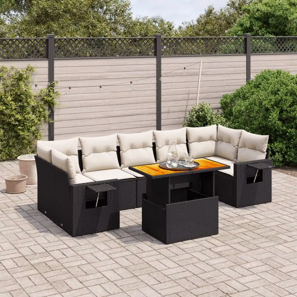 vidaXL Set Divani da Giardino a L con Cuscini 8 pz in Polyrattan Nero e Bianco – 1